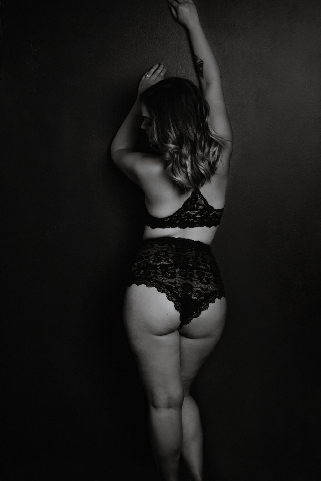 Black and white luxury boudoir portrait in black lace by TiffaneyAnn Photography, Long Beach