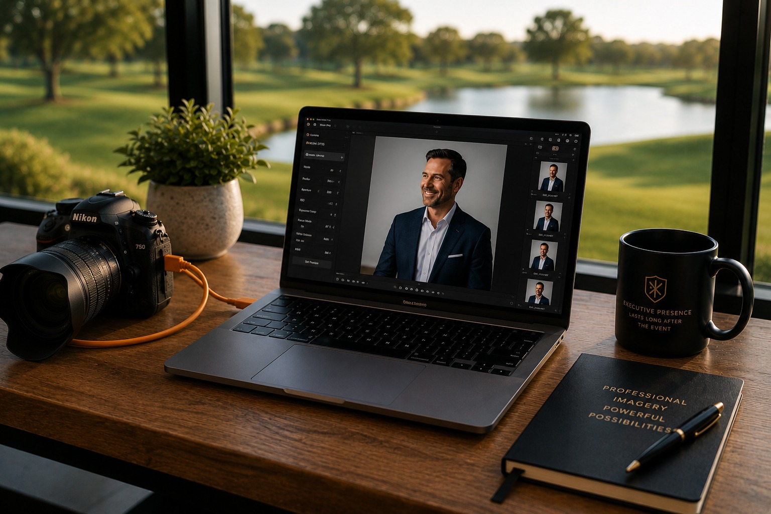 Professional executive headshot activation setup with tethered camera workstation and live image selection at a corporate event