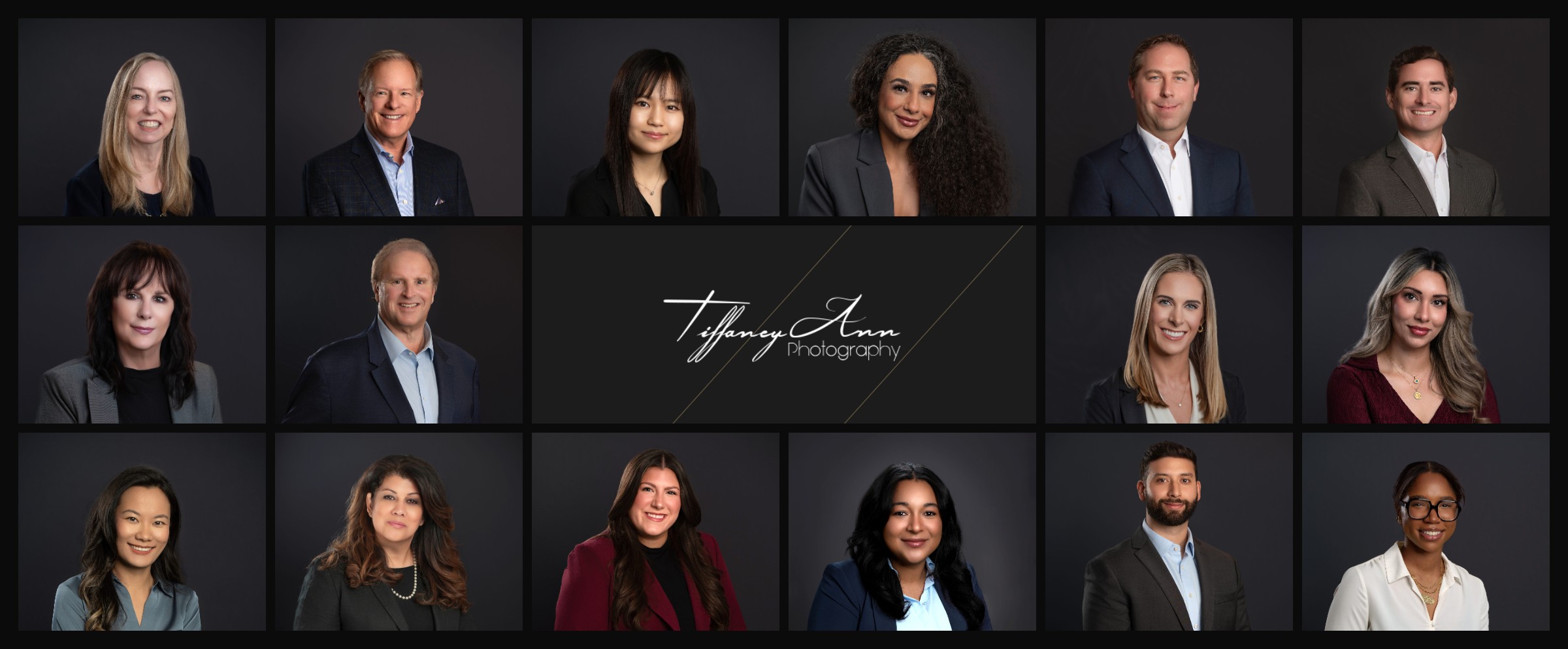 Collage of corporate and executive headshots by TiffaneyAnn Photography on a matching dark gray background