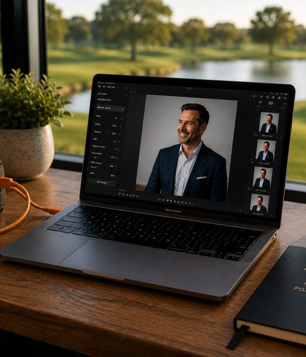 Professional executive headshot activation setup with tethered camera workstation and live image selection at a corporate event